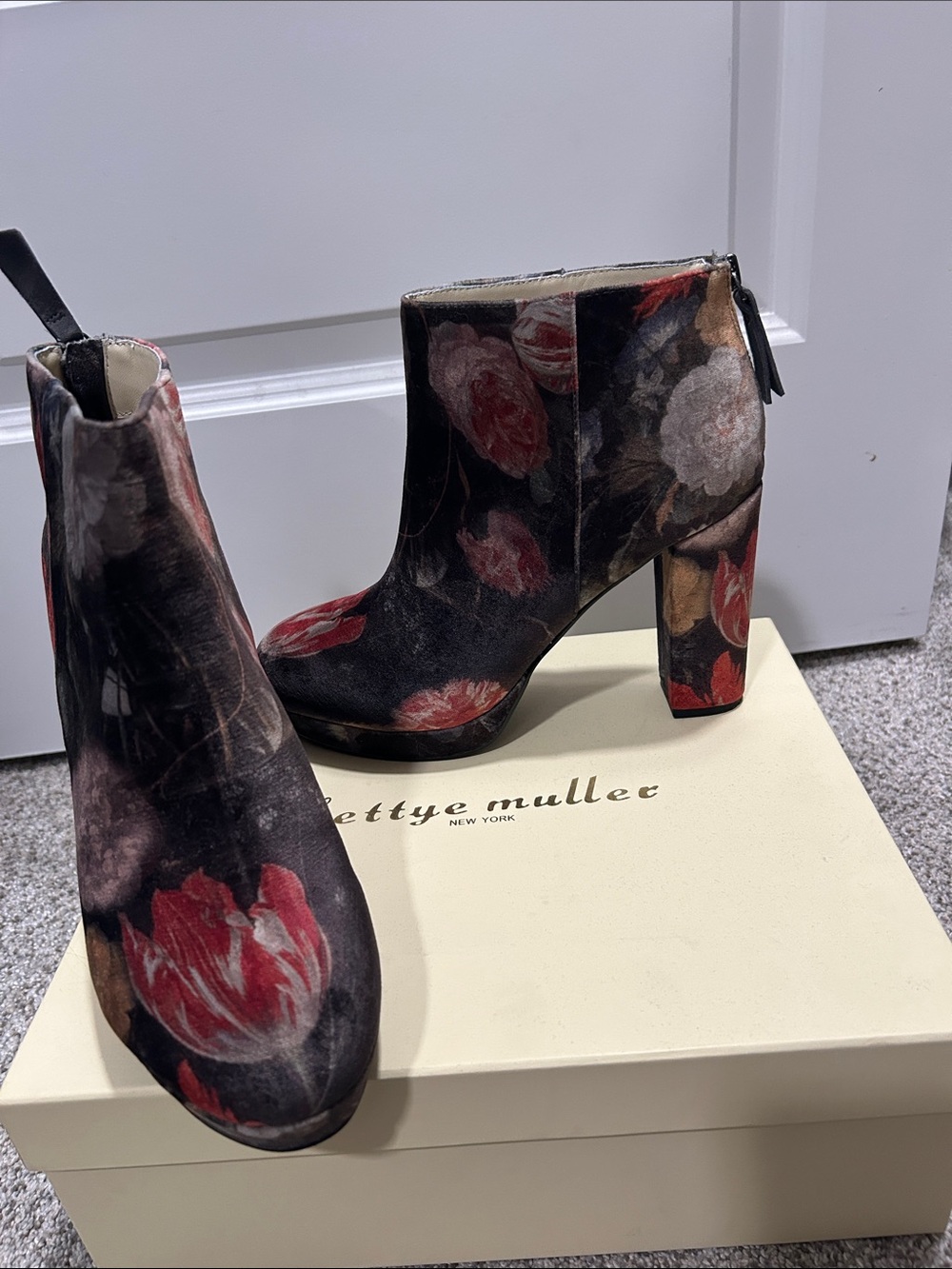 bettye muller Black Floral Velvet Block Heel Ankle Boots